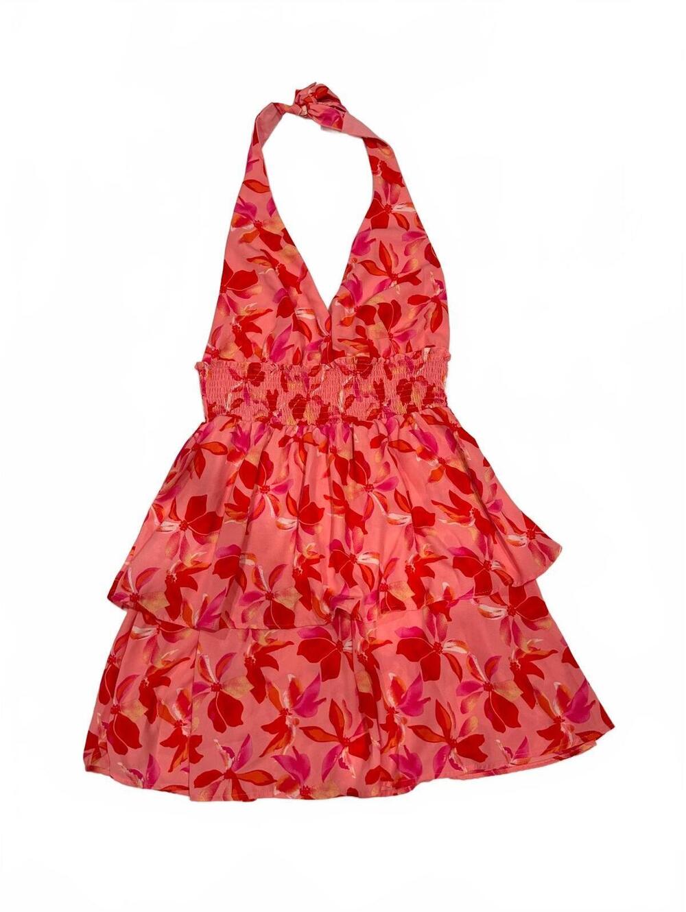 Madden NYC Pink Floral Halter Mini Dress Tiered Ruffle Smocked Medium